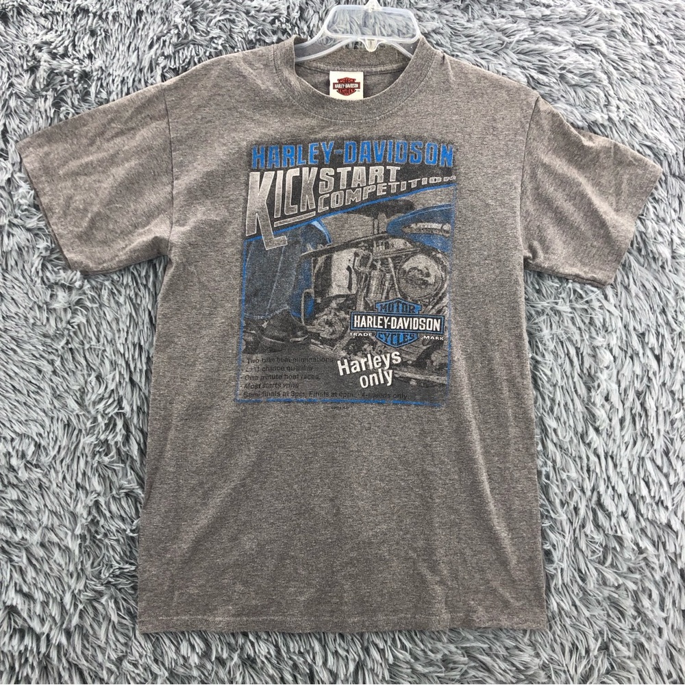 Harley Davidson Tshirt Mens Small Gray Spellout Kick Start Motorcycle Shirt